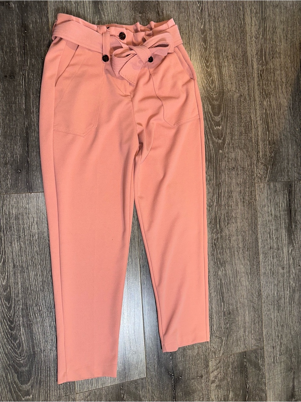 BBJ Woman’s High-Rise Belted Paperbag Waist Pink Trousers Ankle Pants